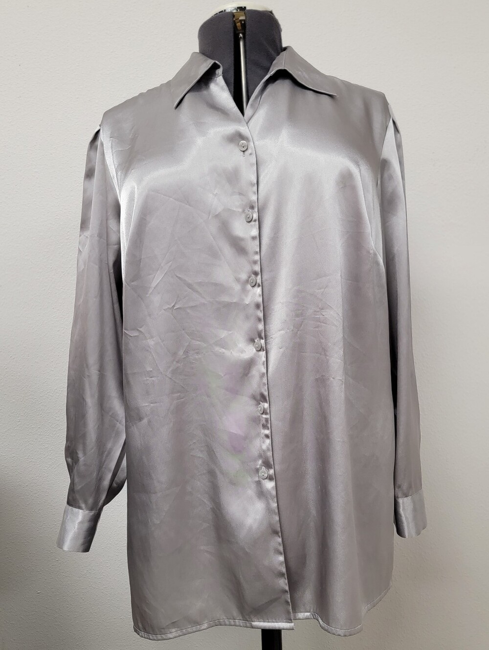 Laura Scott Silver Satin Button-Up Dress Shirt
